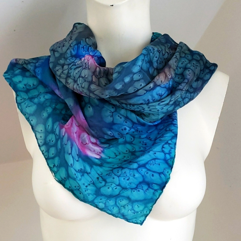 Silk Batik Scarf, Rolled Edge, Royal Blue, Emerald Green, Violet, Pink